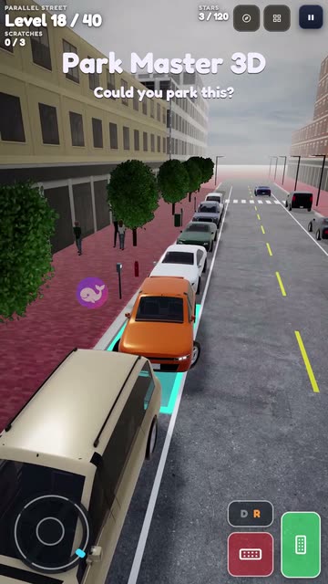 Video cover: an orange car lines up to parallel park on a city street in Park Master 3D