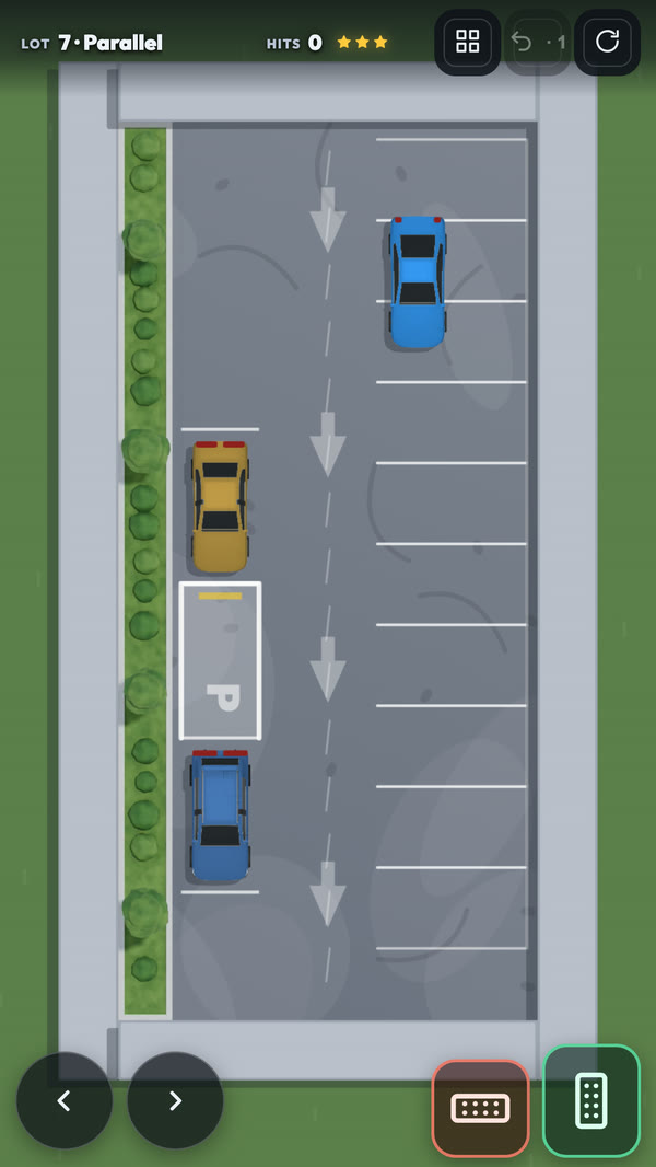 Tight Spot lot 7, Parallel: an empty bay between two parked cars at the kerb, seen from above