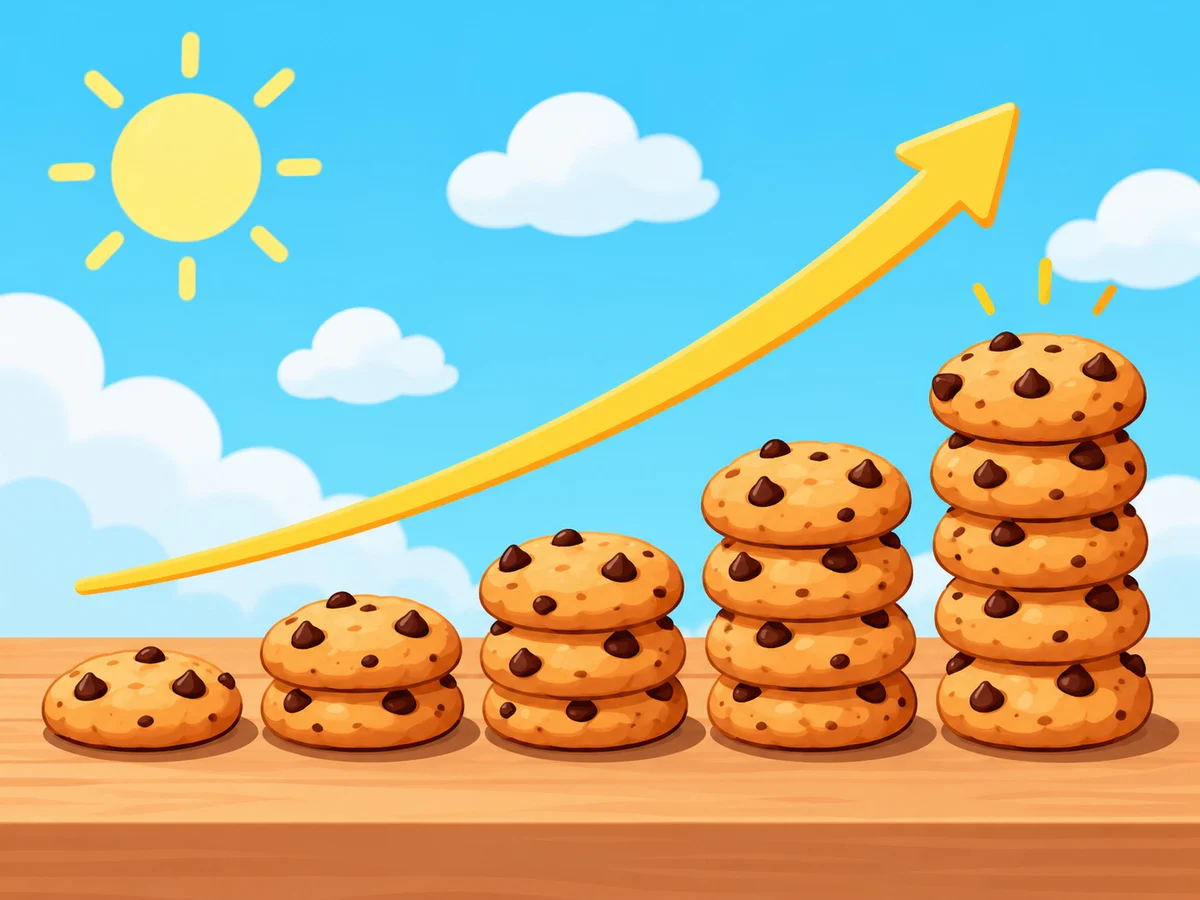 Stacks of chocolate chip cookies growing taller from left to right under a rising yellow arrow and a cartoon sun