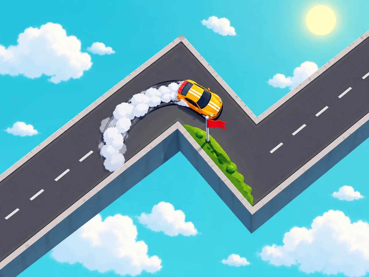 A yellow cartoon car drifting through a sharp zigzag corner high above the clouds, with a red flag marking the turn point on the inside of the bend