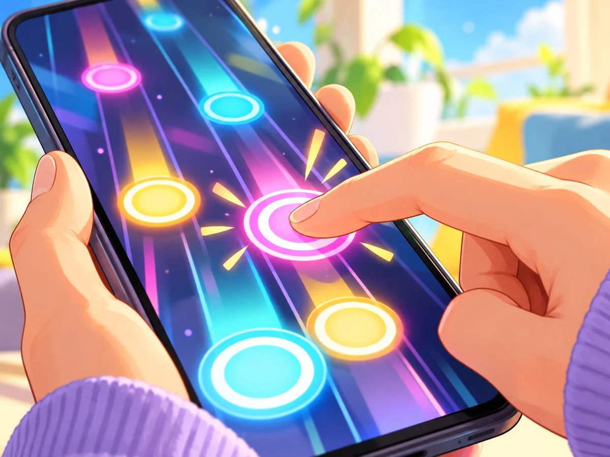 A hand tapping glowing beat circles on a phone screen in a sunny room