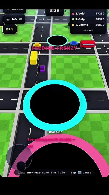 Video cover: a huge black hole with a cyan ring swallows cars in a blocky 3D city in Block Hole