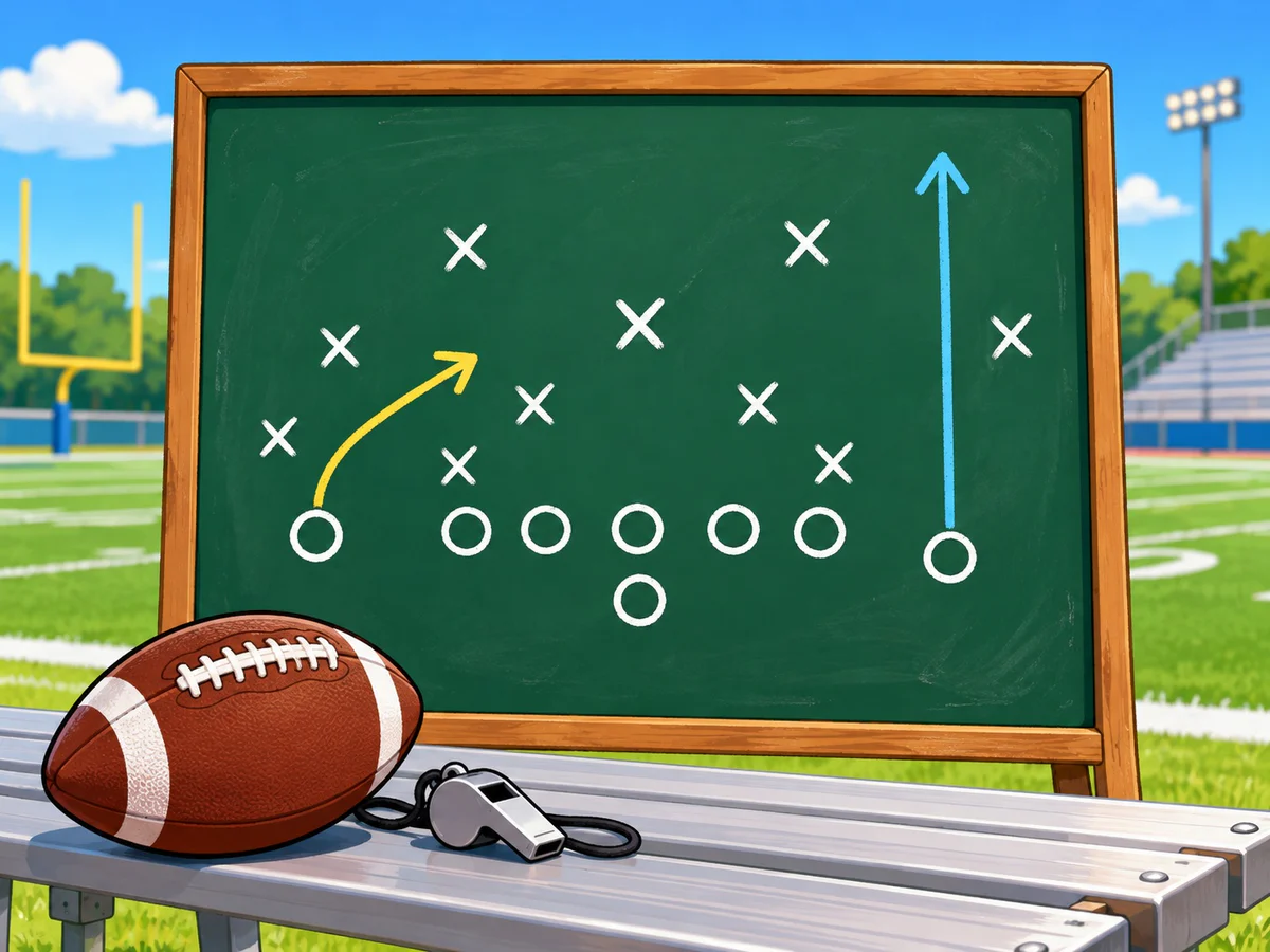 A green chalkboard on a sunny football sideline with a slant route and a deep go route drawn in chalk, a football and a whistle on the bench