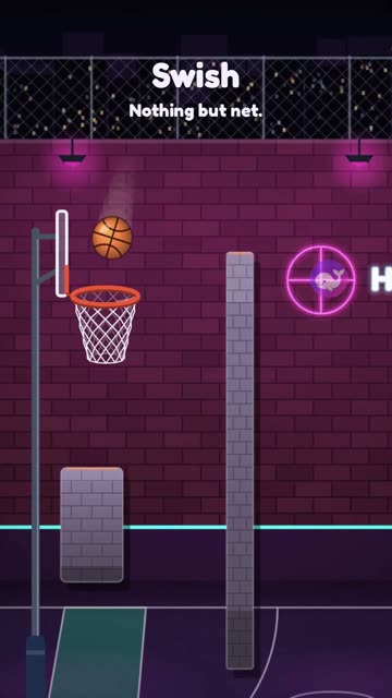 Video cover: a basketball above a hoop beside brick walls on a neon court in Swish