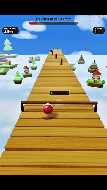 Video cover: a red and white ball rolls down a long wooden ramp above a toy landscape in Tiltway
