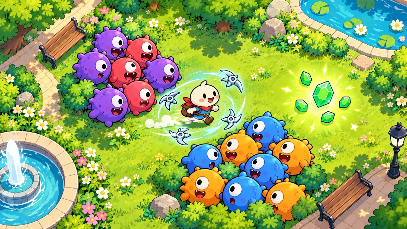 A cartoon hero slipping between two groups of round monsters toward green gems on open grass