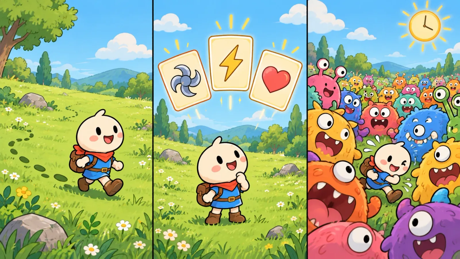 Three cartoon panels: a hero walking across a meadow, three upgrade cards floating above the hero, and a crowd of round monsters closing in