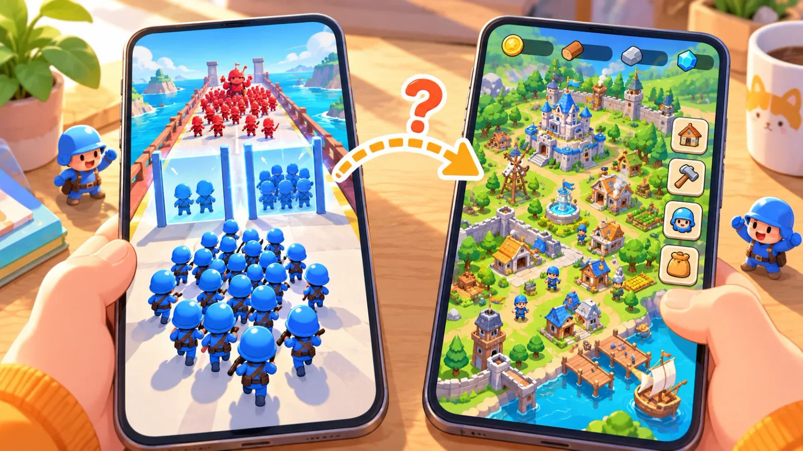 Two phones side by side: on the left a blue crowd runs through gates toward a red army, on the right the installed game is a city-building map