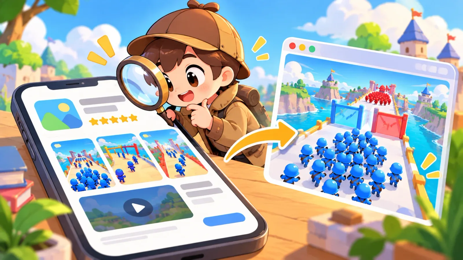A cartoon detective with a magnifying glass checks a phone store page, next to a browser window where the blue crowd is already running through gates