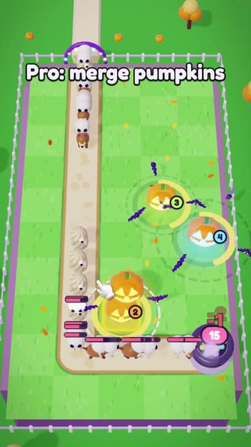 Video cover: jack-o'-lanterns with circling bats guard a winding road from skeletons in Pumpkin Patrol