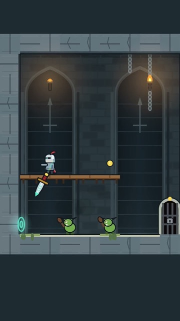 Video cover: a small knight stands on a ledge above two green goblins with clubs in a torch-lit dungeon in Bladestep