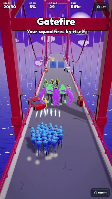 Video cover: a squad of blue soldiers fires up a red bridge at purple mutant zombies in Gatefire